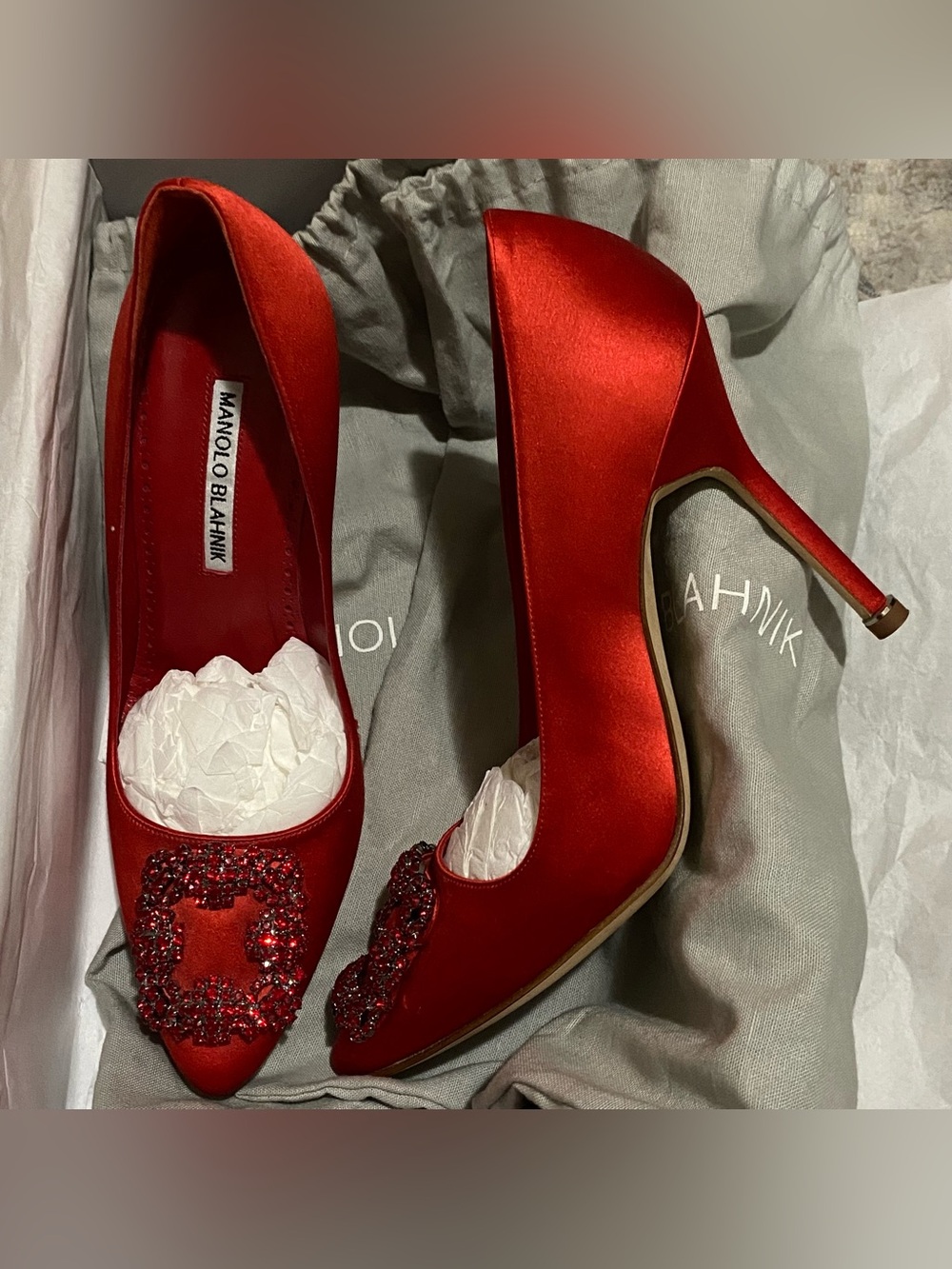 Manolo Blahnik Red Satin Crystal-Buckled Pointed Pumps - Picture 4 of 7